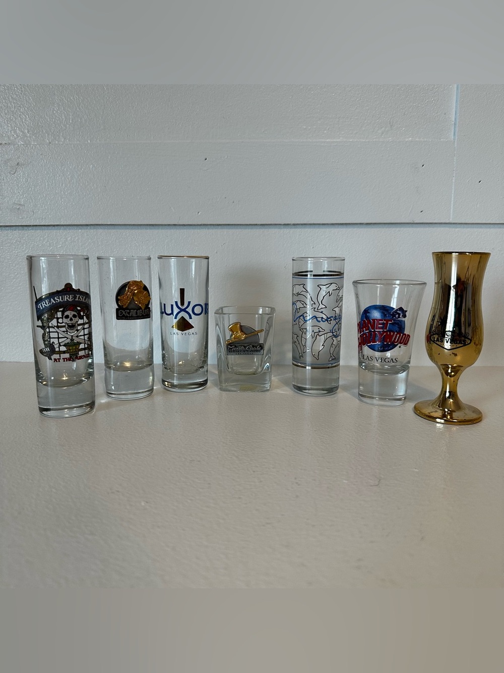 7 Las Vegas Hotel Logo Shot Glasses, Vintage